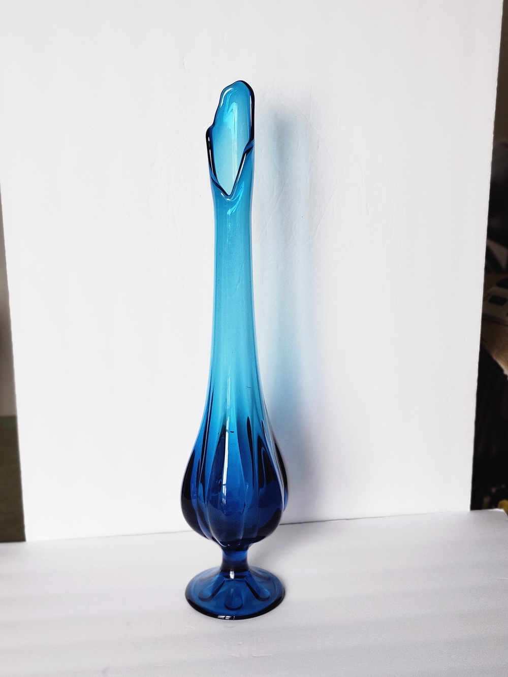 Vintage MCM 20.5" 6 Petal Bluenique Blue Teal Aqua Swung Vase Viking Glass